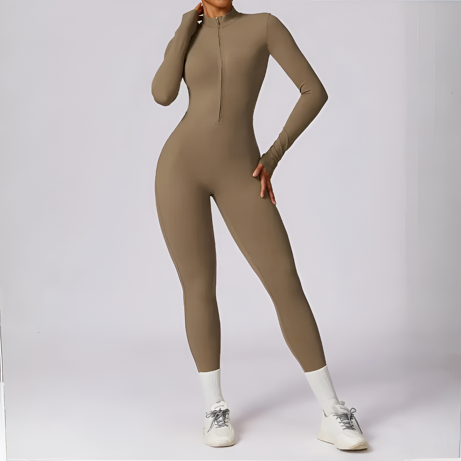 Solid Zip Front Long Sleeve Jumpsuit