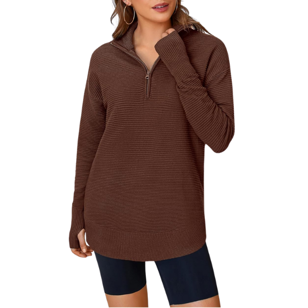 Womens Long Sleeve Quarter Zip Pullover Sweater Casual Loose V Neck Collared Ribbed Knit Jumper Tops Thumb Hole