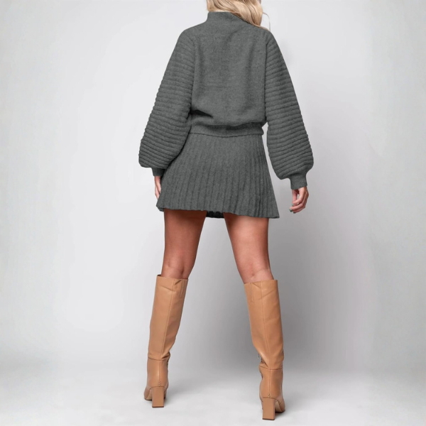 2 Piece Ribbed Knit Puff Sleeve Sweater Top And Mini Skirt Outfit Set