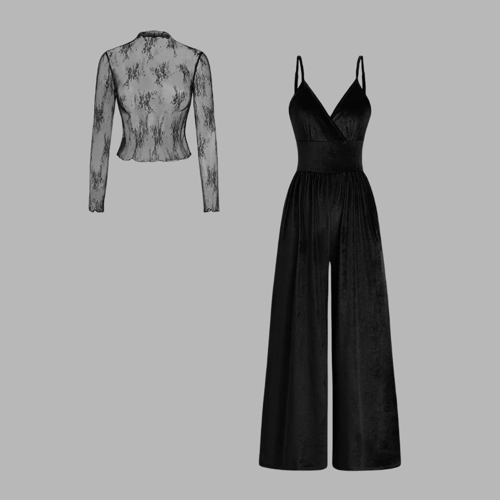 Valentine's Day Women's Solid Color Knitted Lace Tee & High Waist Pocket Jumpsuit Two-piece Set