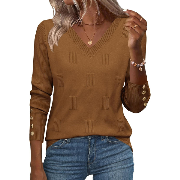 V Neck Sweaters Shirts Long Sleeve Lightweight Ribbed Knit Pullover Sweater Blouse Tops with Buttons Oufits