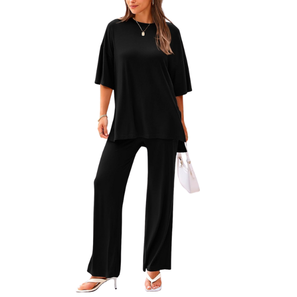 2 Piece Summer Lounge Set With Short Sleeve Top And Pants For Women