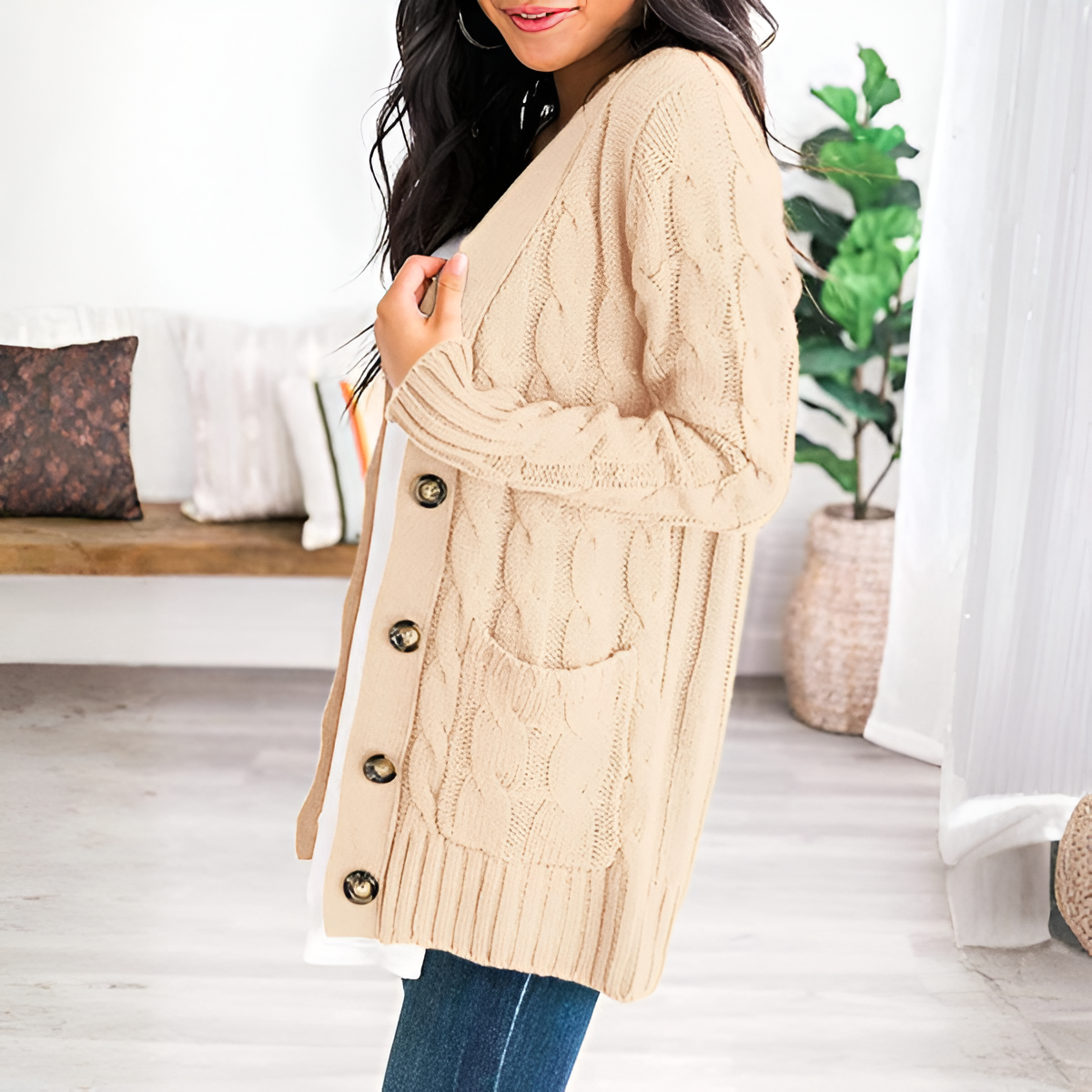 Cable Knit Button Front Open Cardigan