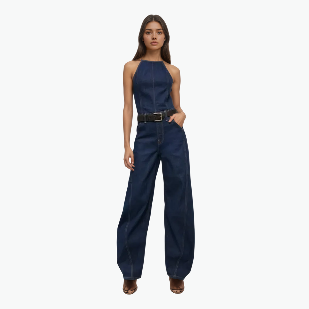 Halter Barrel Denim Jumpsuit