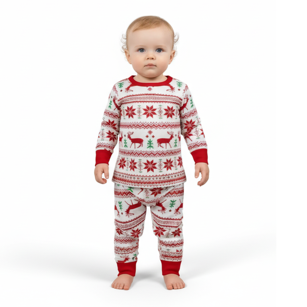 Reindeer And Snow Design Matching Family Christmas Pajamas With Long Sleeve Tops And LoungewearFestive Reindeer Snowflake Print Pajama Set With Long Sleeve Tops And Loungewear - Image 5