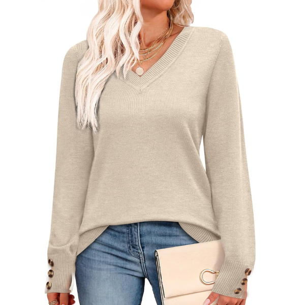 ightweight Sweaters for Women Long Sleeve V Neck Knit Outfits with Decorative Buttons