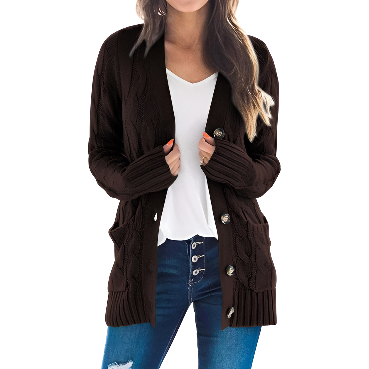 Cable Knit Button Front Open Cardigan