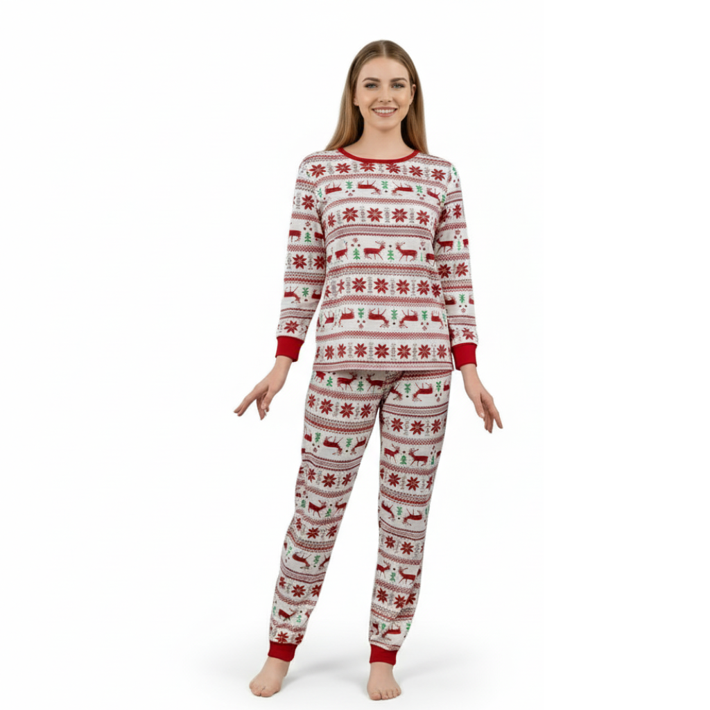 Reindeer And Snow Design Matching Family Christmas Pajamas With Long Sleeve Tops And Loungewear