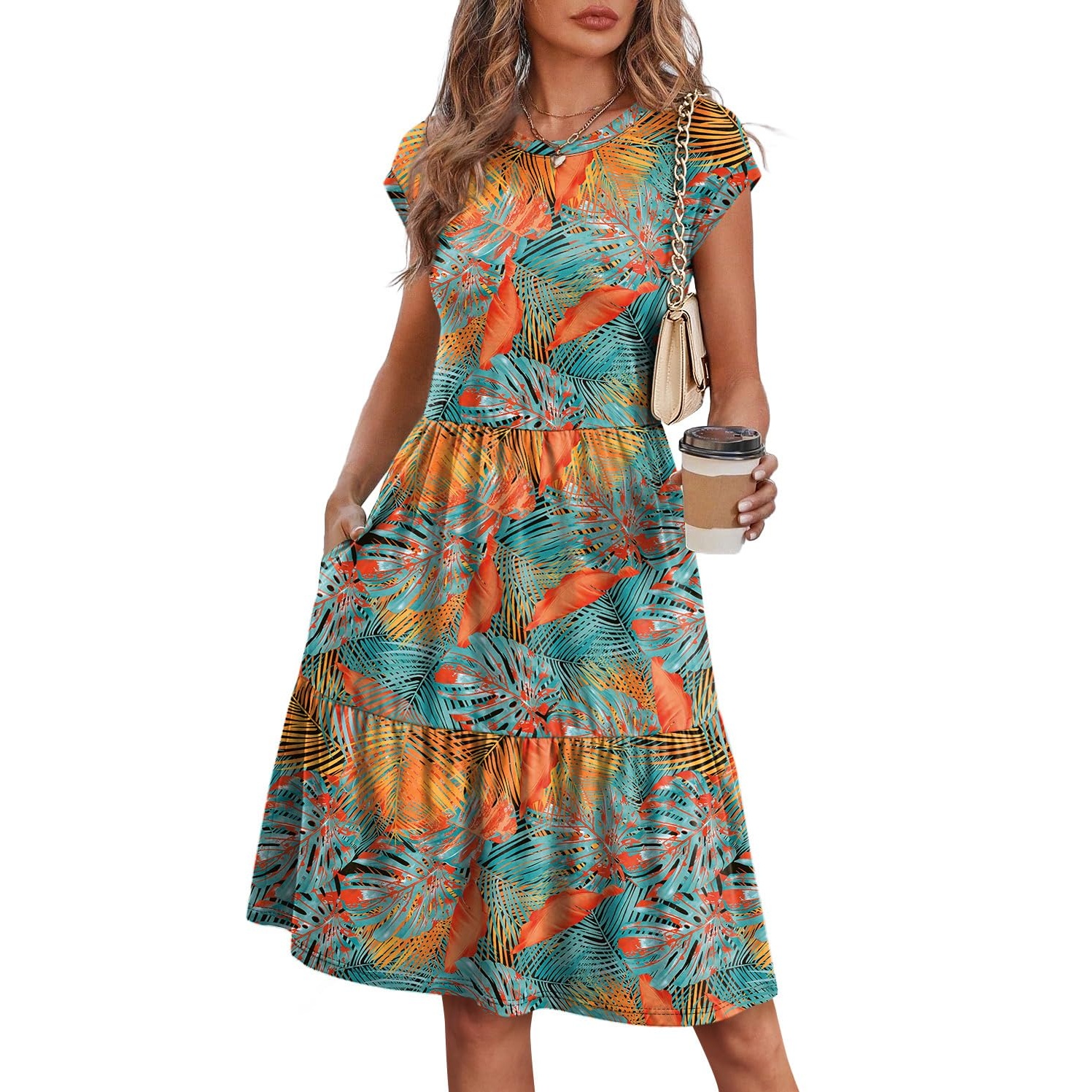 Casual Floral Printed Cap Sleeve Dress For Women
