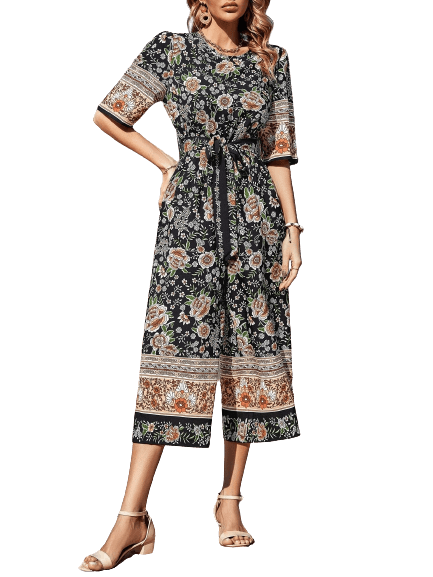 Floral Print Belted Jumpsuit-Comfy Jumpsuits