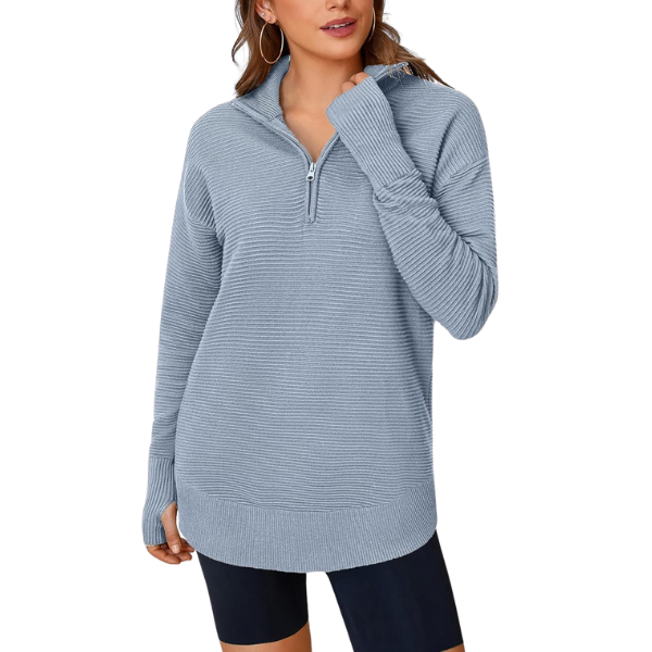 Womens Long Sleeve Quarter Zip Pullover Sweater Casual Loose V Neck Collared Ribbed Knit Jumper Tops Thumb Hole