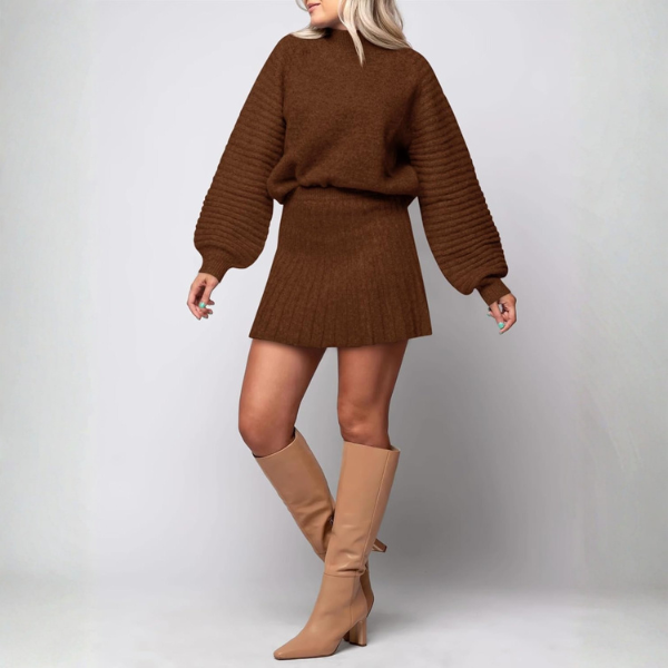 2 Piece Ribbed Knit Puff Sleeve Sweater Top And Mini Skirt Outfit Set