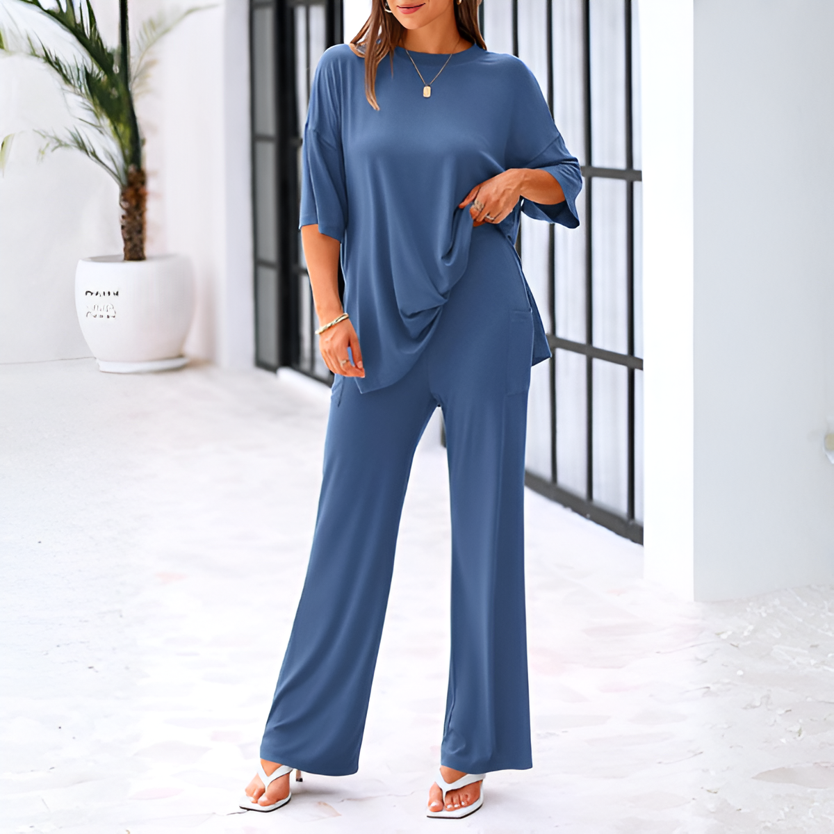 2 Piece Summer Lounge Set With Short Sleeve Top And Pants For Women