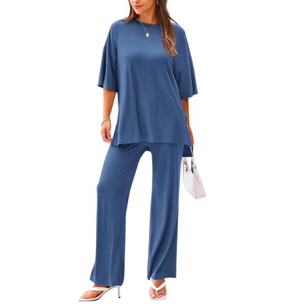 2 Piece Summer Lounge Set With Short Sleeve Top And Pants For Women