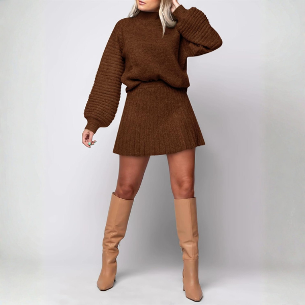 2 Piece Ribbed Knit Puff Sleeve Sweater Top And Mini Skirt Outfit Set