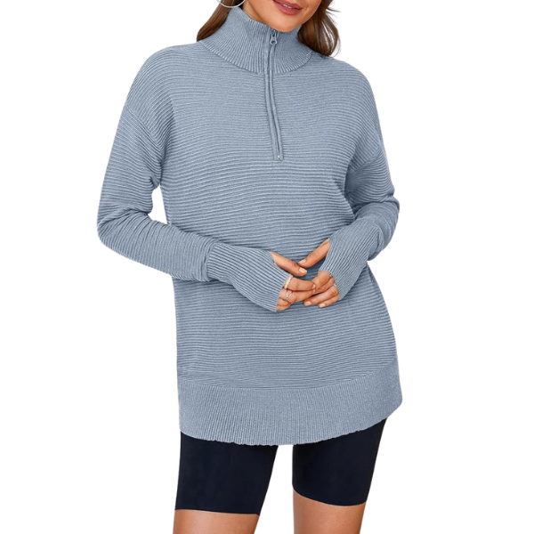 Womens Long Sleeve Quarter Zip Pullover Sweater Casual Loose V Neck Collared Ribbed Knit Jumper Tops Thumb Hole