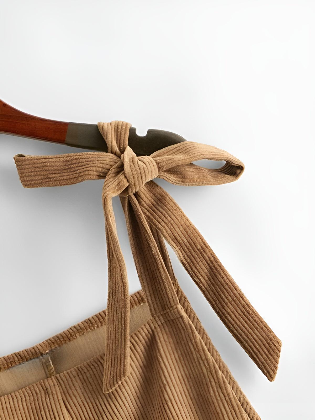 Knot Shoulder Patch Pocket Cord Overall Shorts-Comfy Jumpsuits