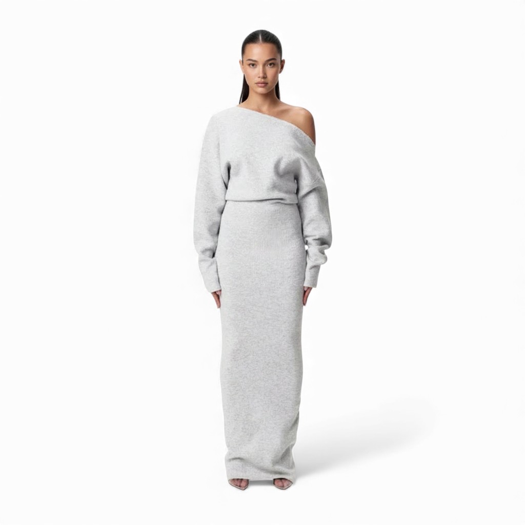 Full Length Knit Maxi Dress With Asymmetrical Top