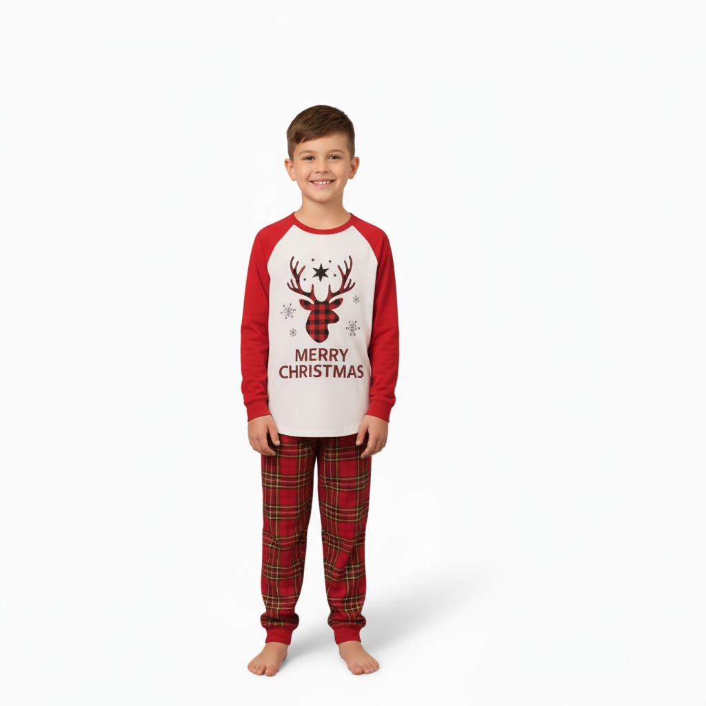 Christmas Family Matching Pajamas Set Reindeer Plaid Sleepwear OutfitsMerry Christmas Reindeer and Snowflake Print Pajama Set With Plaid Pants - Image 4