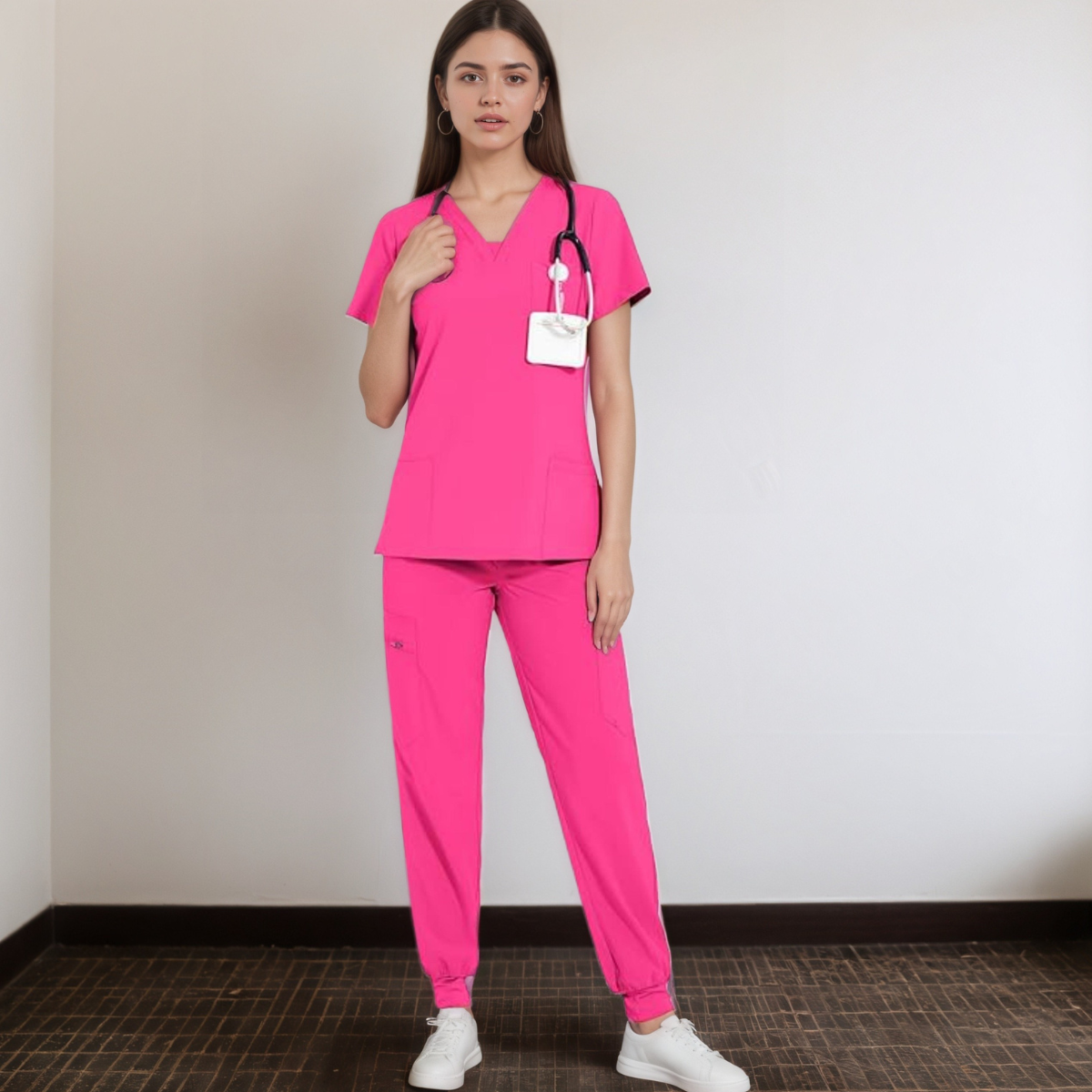 Women V Neck Top And Cargo Pants Scrubs Set