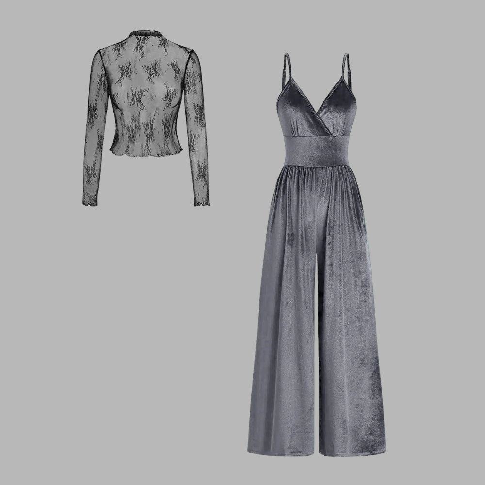 Valentine's Day Women's Solid Color Knitted Lace Tee & High Waist Pocket Jumpsuit Two-piece Set