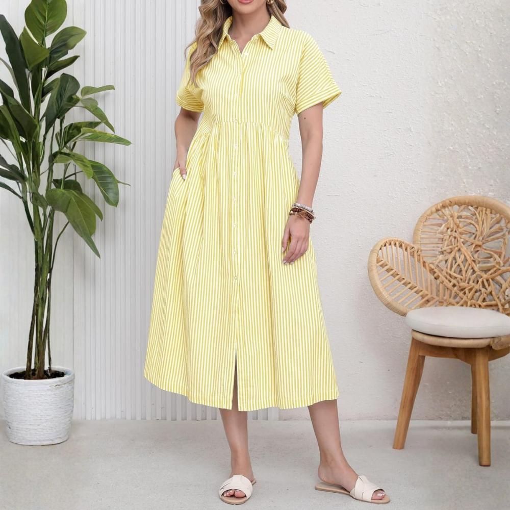 Summer Striped Button Down Midi Shirt Dress