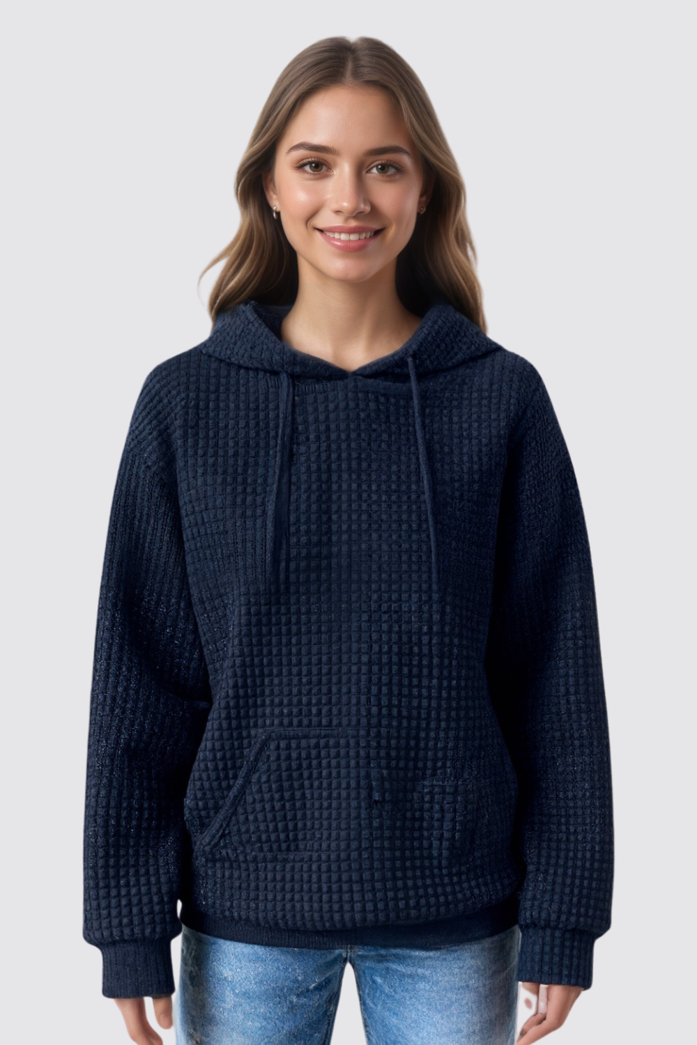 Casual Long Sleeve Drawstring Waffle Pullover Hoodie