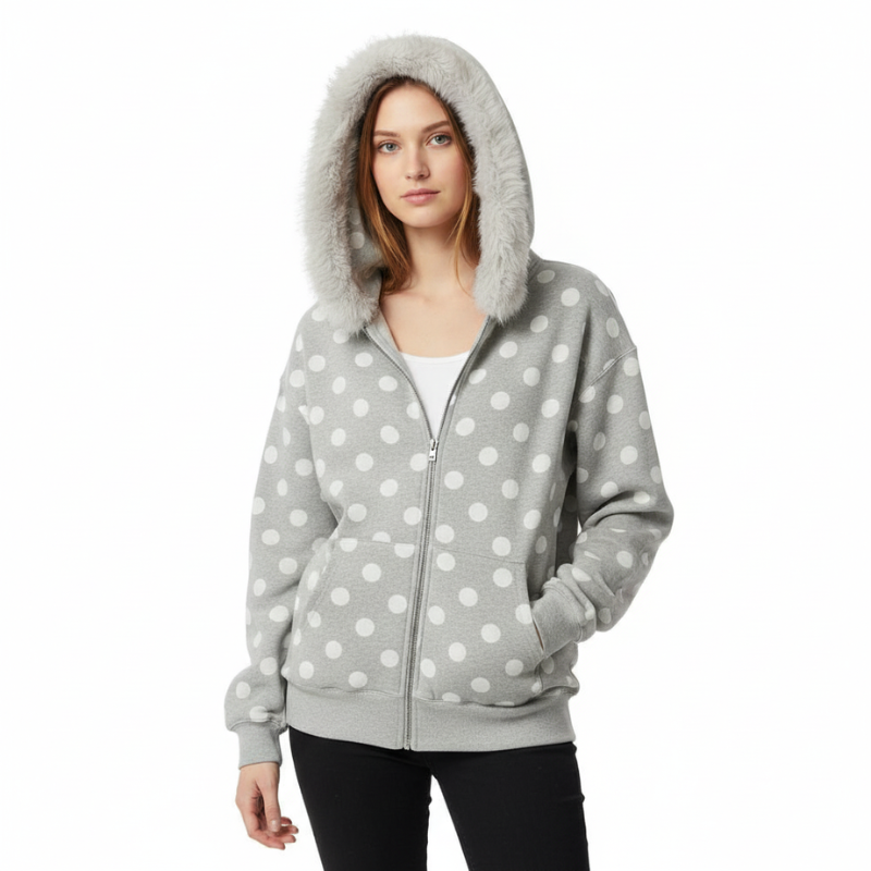 Faux Fur Trim Polka Dot Zip Up Hoodie For Women