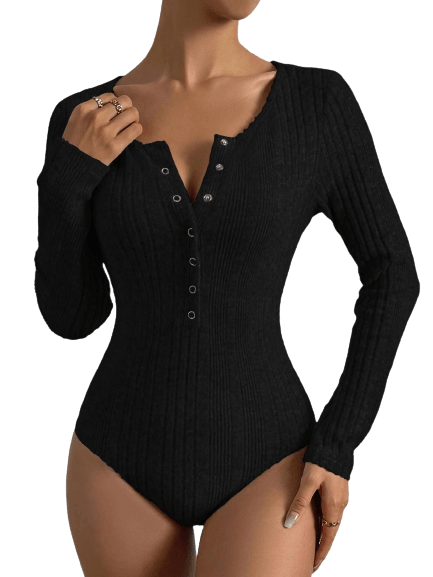 Button Ribbed Knit Bodysuit-Comfy Jumpsuits