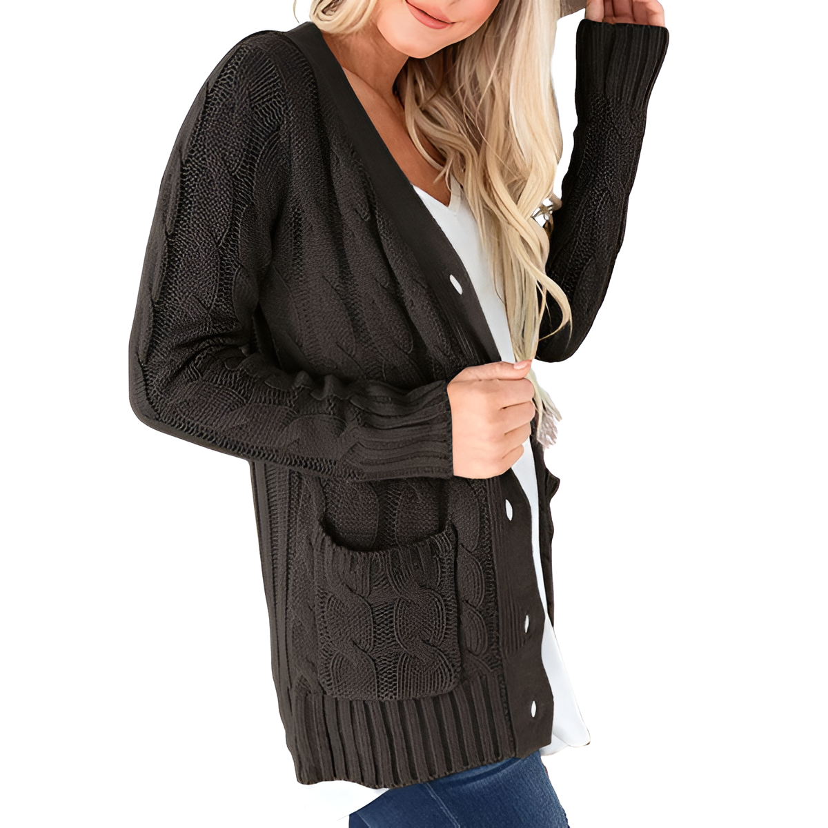 Cable Knit Button Front Open Cardigan