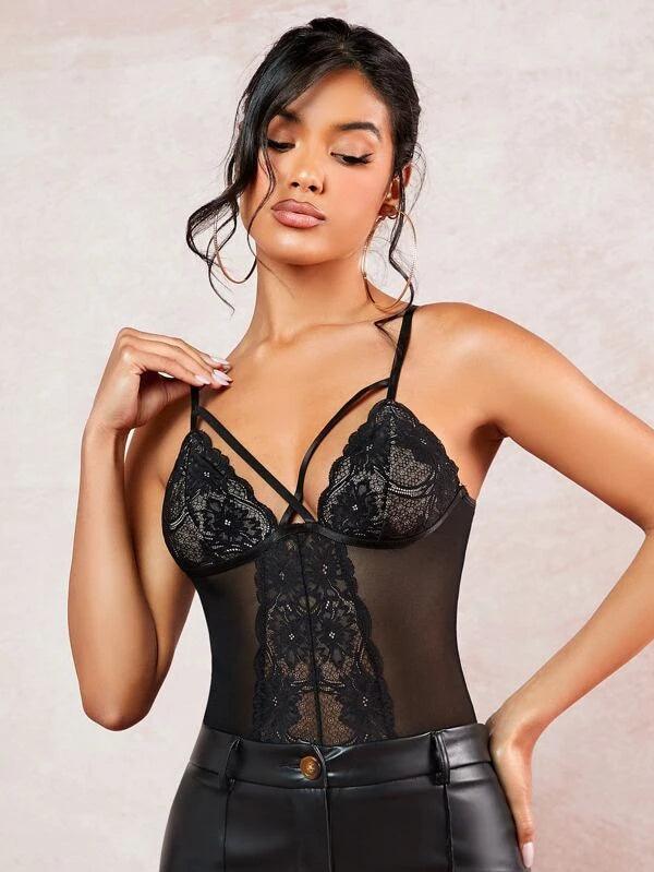Lace Mesh Insert Cami Bodysuit-Comfy Jumpsuits