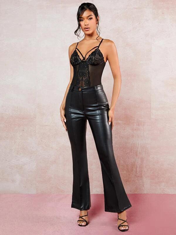 Lace Mesh Insert Cami Bodysuit-Comfy Jumpsuits