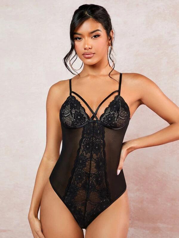 Lace Mesh Insert Cami Bodysuit-Comfy Jumpsuits