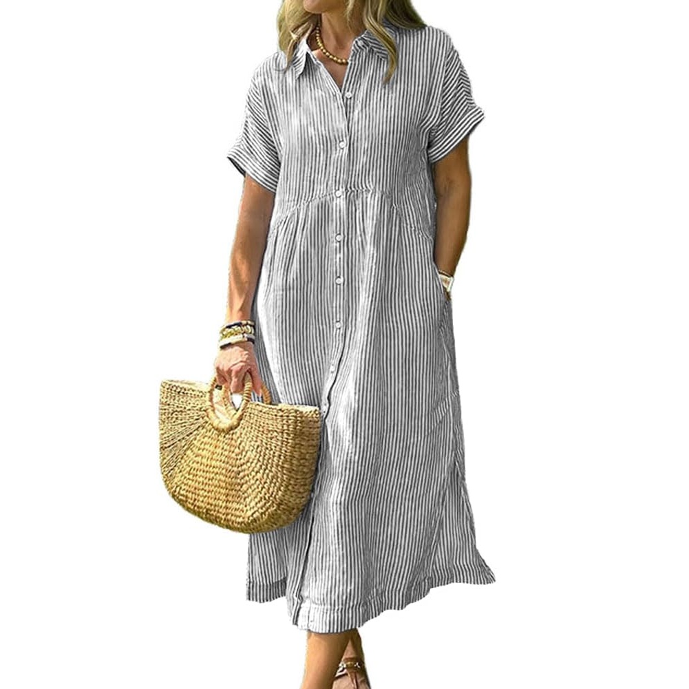 Summer Striped Button Down Midi Shirt Dress