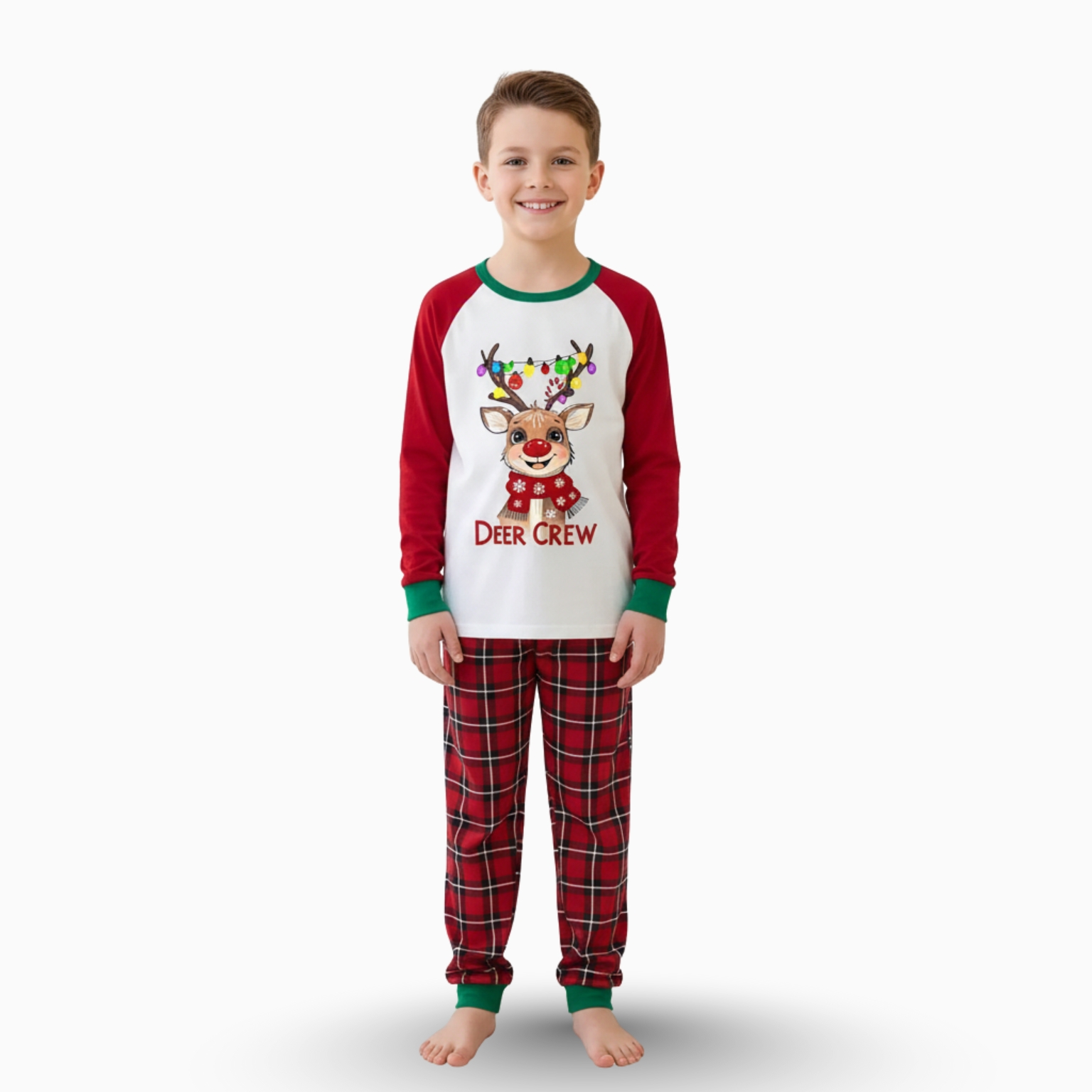 Deer Crew Reindeer Light Printed Plaid Family Matching Christmas Pajama Set