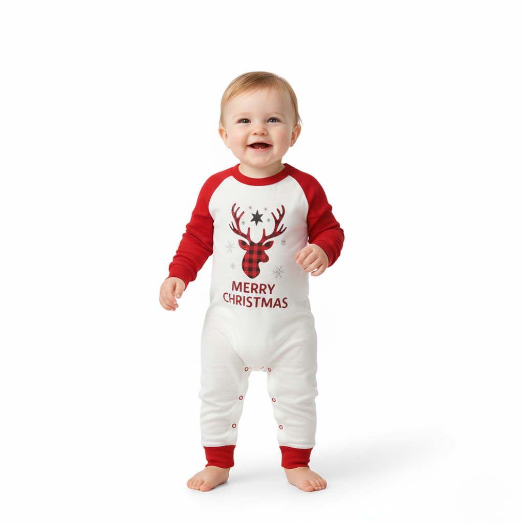 Christmas Family Matching Pajamas Set Reindeer Plaid Sleepwear OutfitsMerry Christmas Reindeer and Snowflake Print Pajama Set With Plaid Pants - Image 5