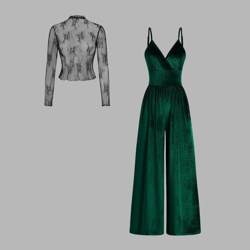 Valentine's Day Women's Solid Color Knitted Lace Tee & High Waist Pocket Jumpsuit Two-piece Set