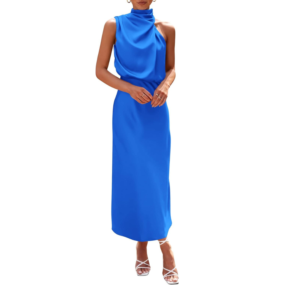 Elegant Sleeveless Satin Maxi Cocktail Party Dress