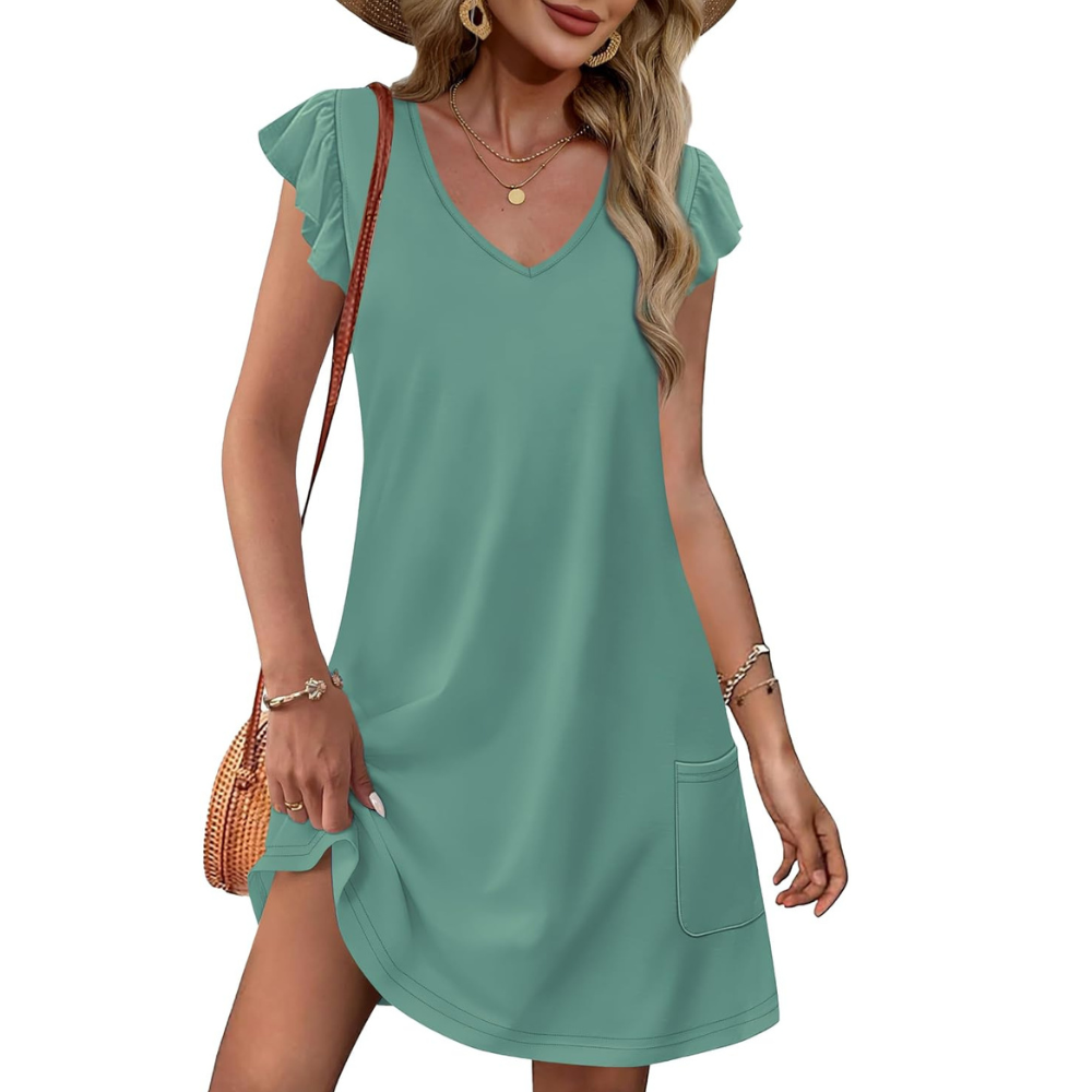 Summer Ruffle Sleeve Swing Dress With Pockets
