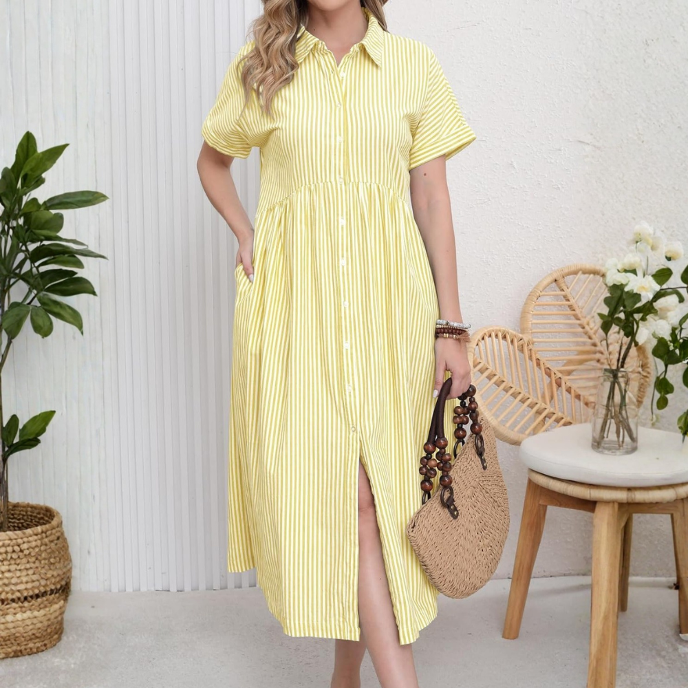 Summer Striped Button Down Midi Shirt Dress