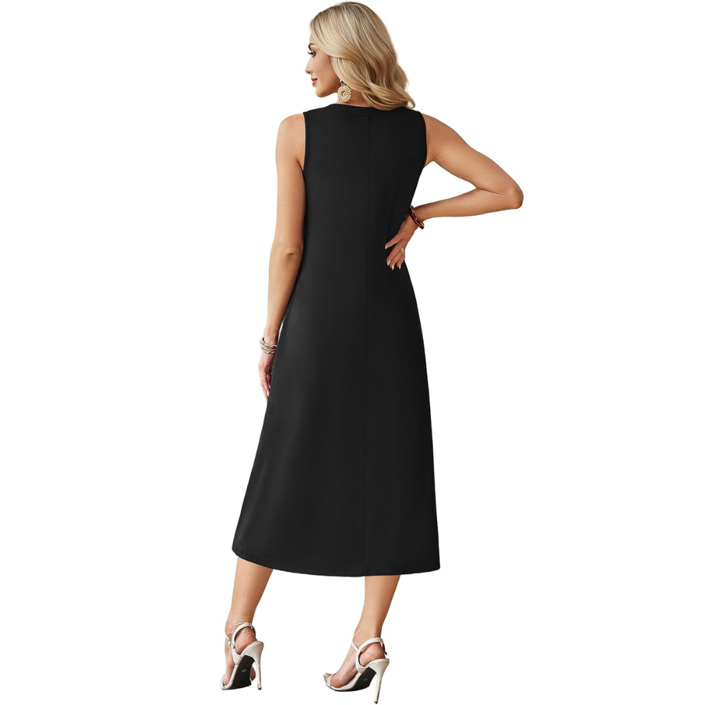 Sleeveless Button Front Midi Dress With Pockets