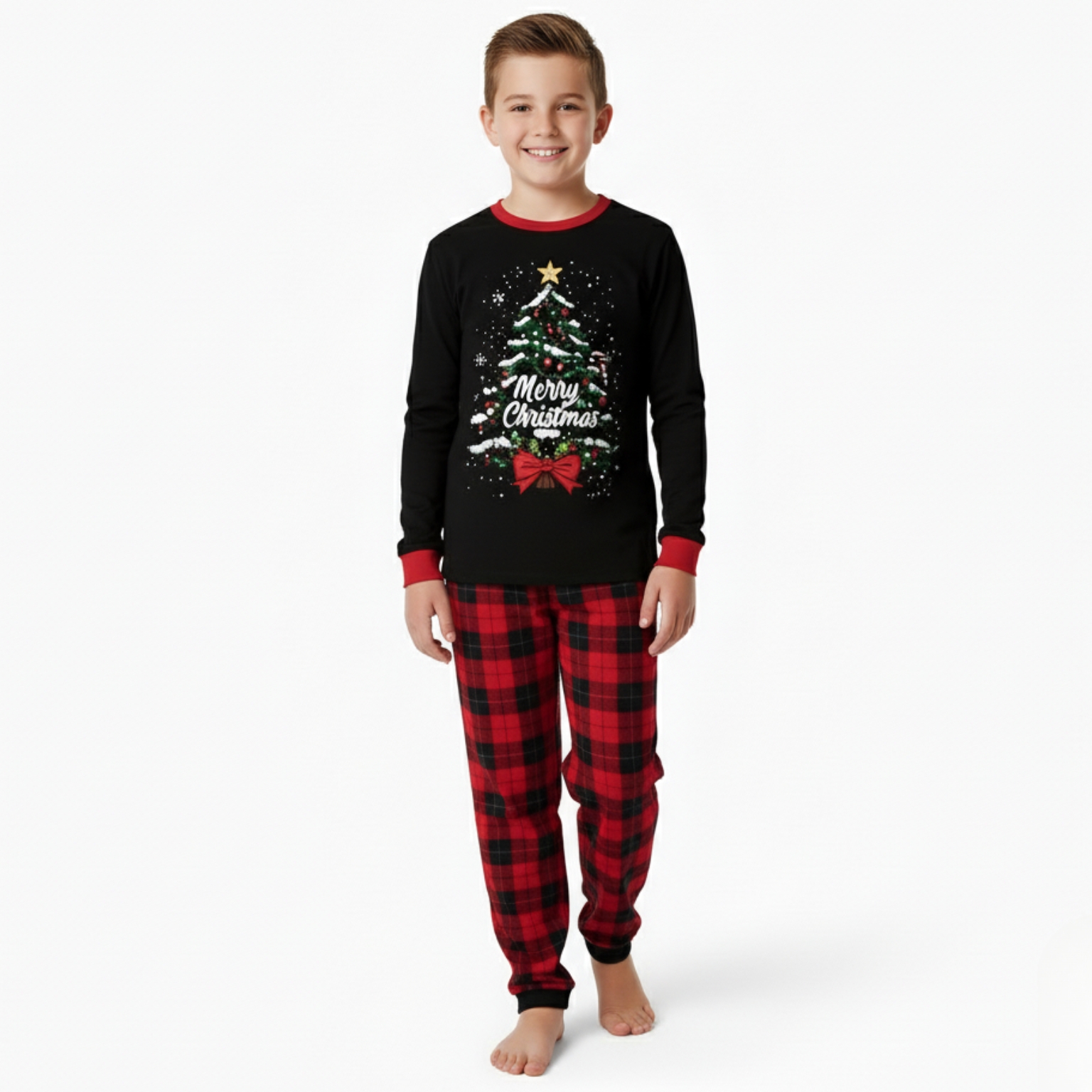 Merry Christmas Tree Bow Print Pajama Set