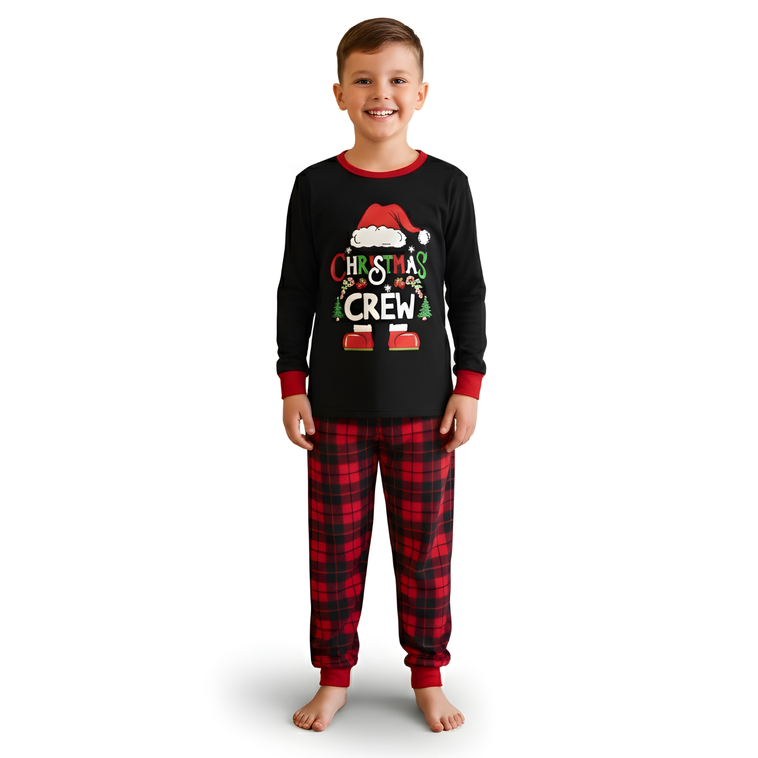 Christmas Crew Printed Family Matching Plaid Pajama Set