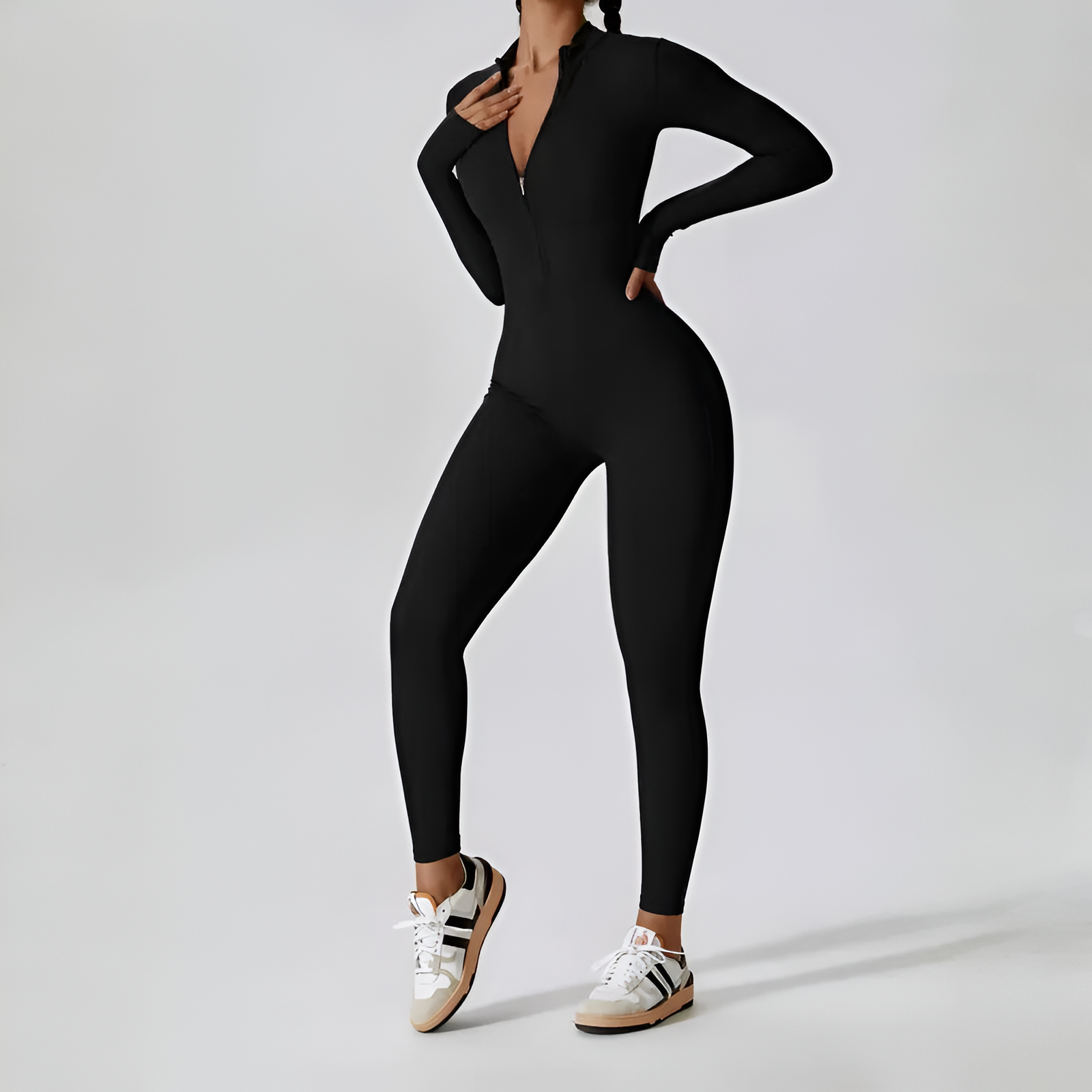 Solid Zip Front Long Sleeve Jumpsuit