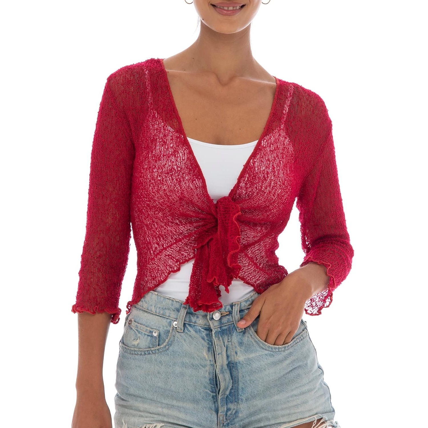 Lightweight Sheer Knit Tie-Front Cardigan for Women