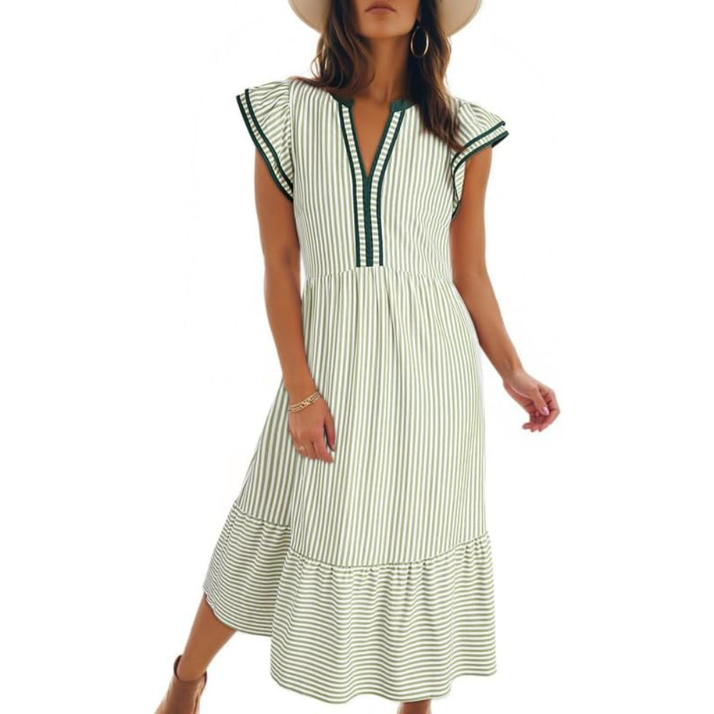 Ruffle Cap Sleeve Empire Flowy Striped Beach Midi Maxi Dress
