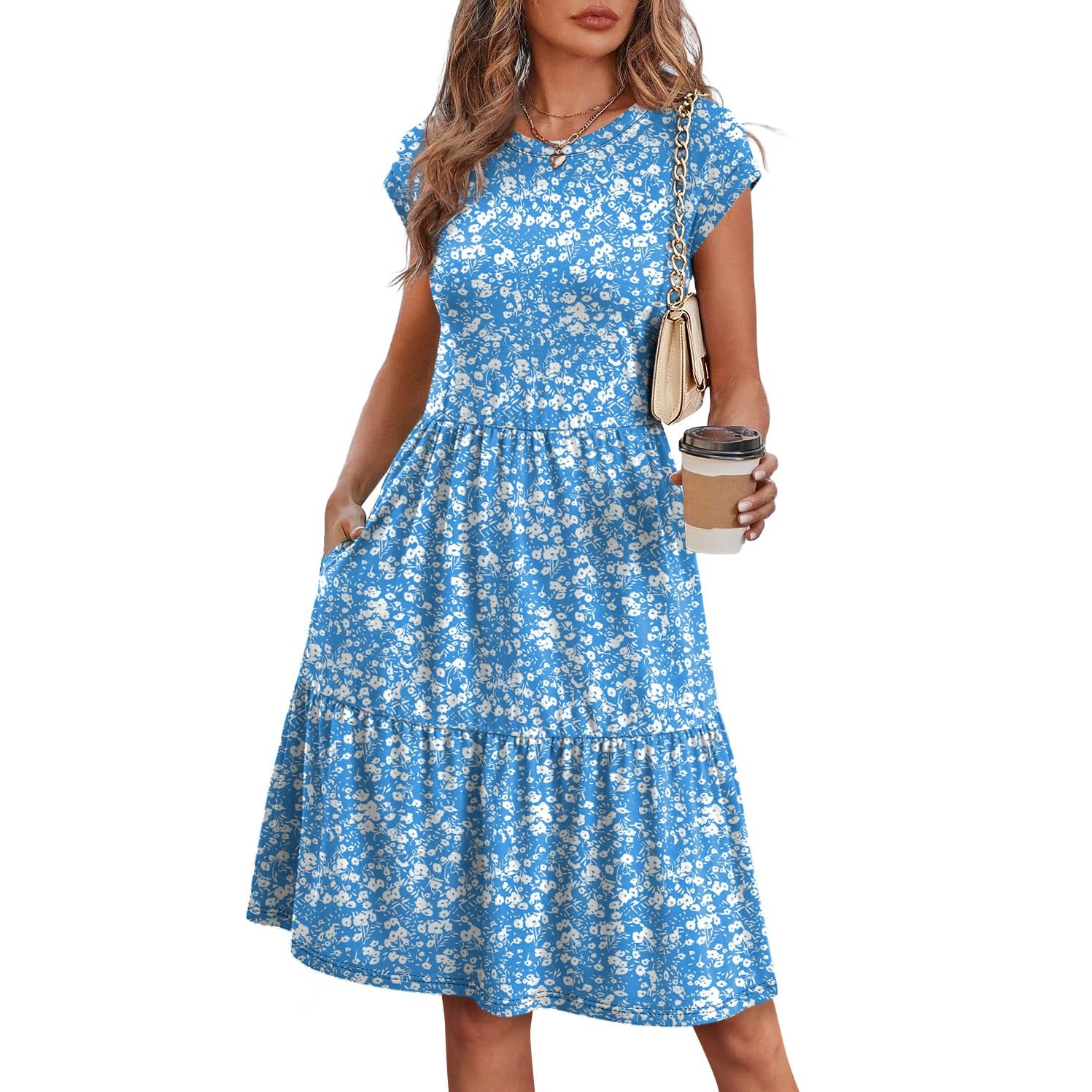 Casual Floral Printed Cap Sleeve Dress For Women