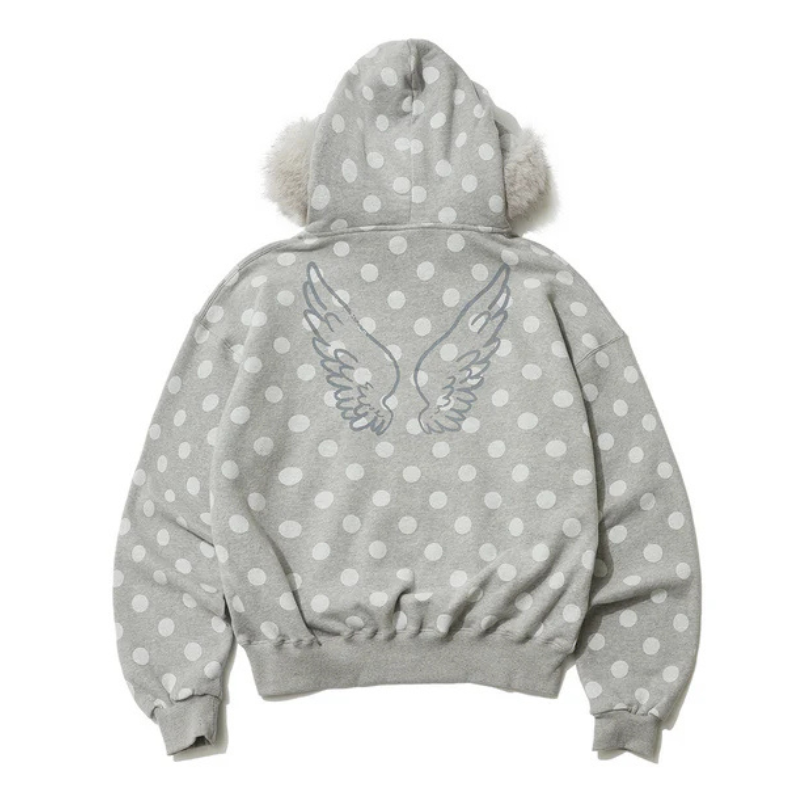 Faux Fur Trim Polka Dot Zip Up Hoodie For Women