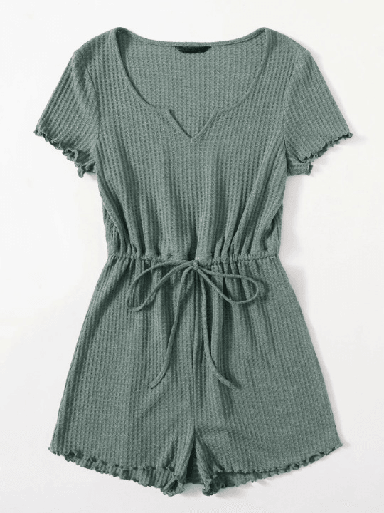 Notched Neck Lettuce Trim Romper-Comfy Jumpsuits