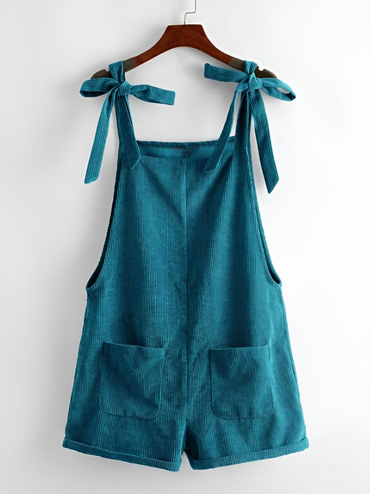 Knot Shoulder Patch Pocket Cord Overall Shorts-Comfy Jumpsuits